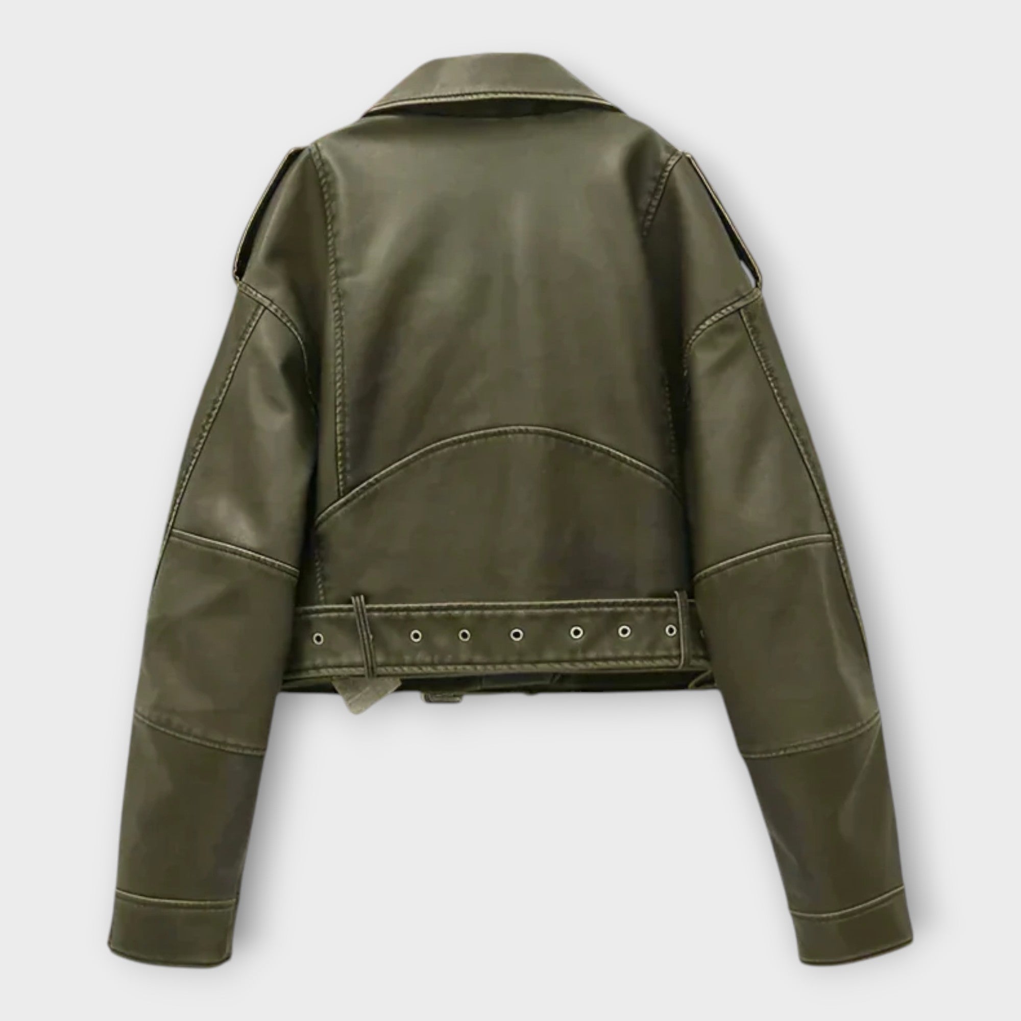 Moderní Krátká Kožená Bunda s Páskem a Vytříbenou Estetikou