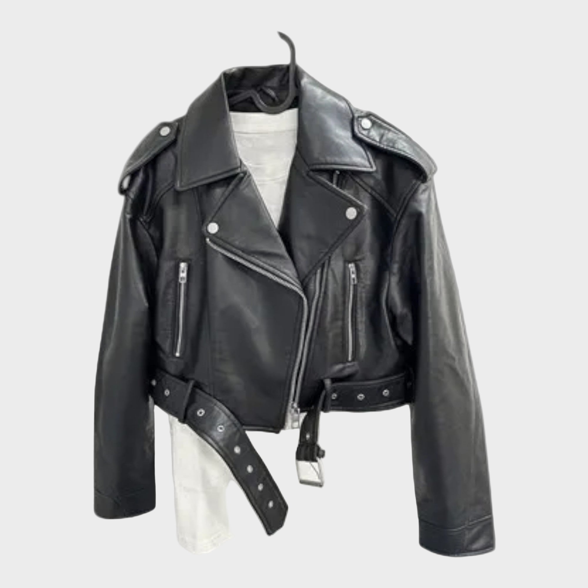 Moderní Krátká Kožená Bunda s Páskem a Vytříbenou Estetikou