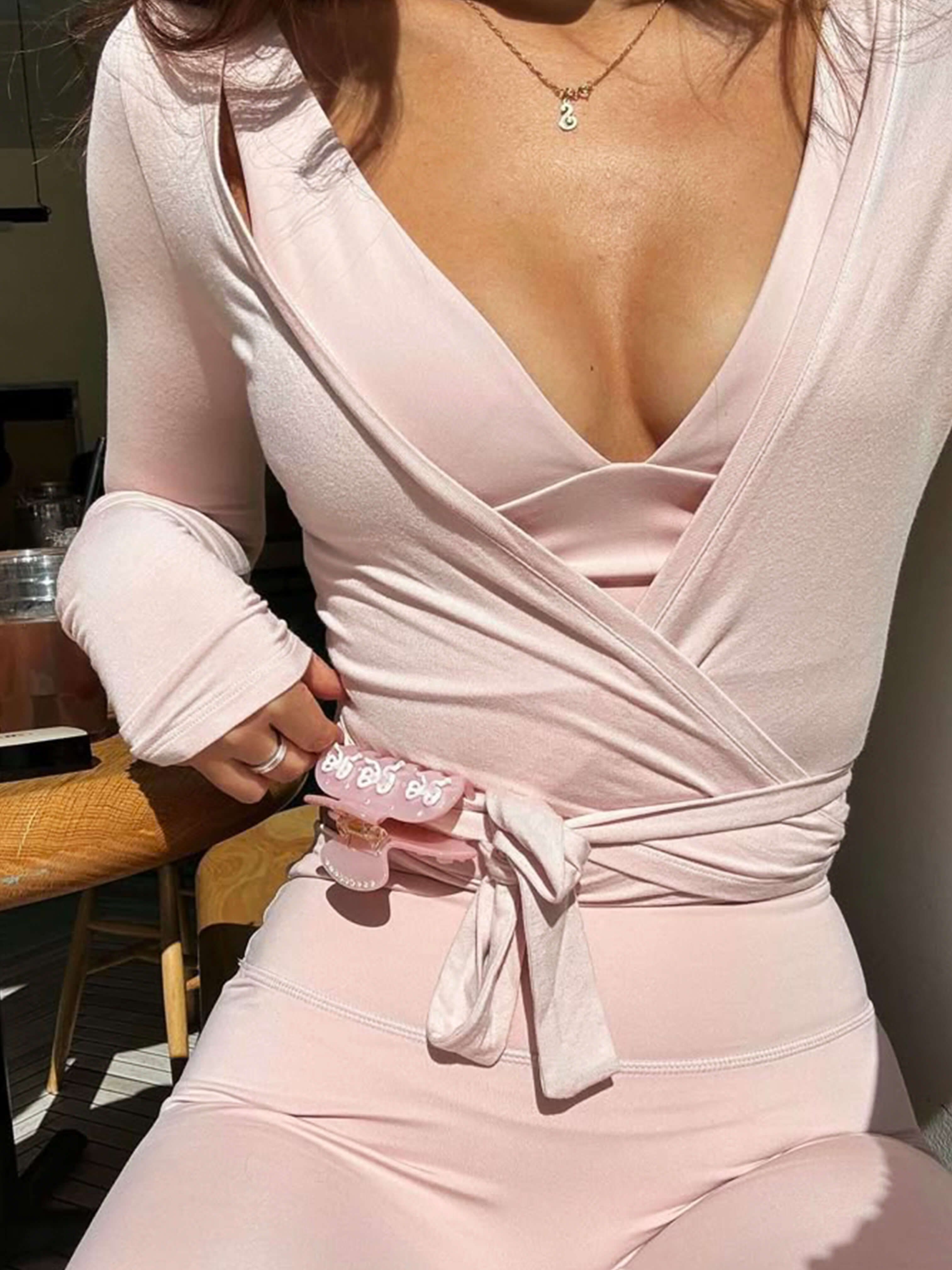 Pink Wrap Tie Long Sleeve Top for Women – Elegant Casual Blouse