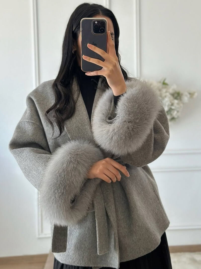 Belted Wool-Blend Coat with Faux Fur Cuffs – Women’s Elegant Outerwear