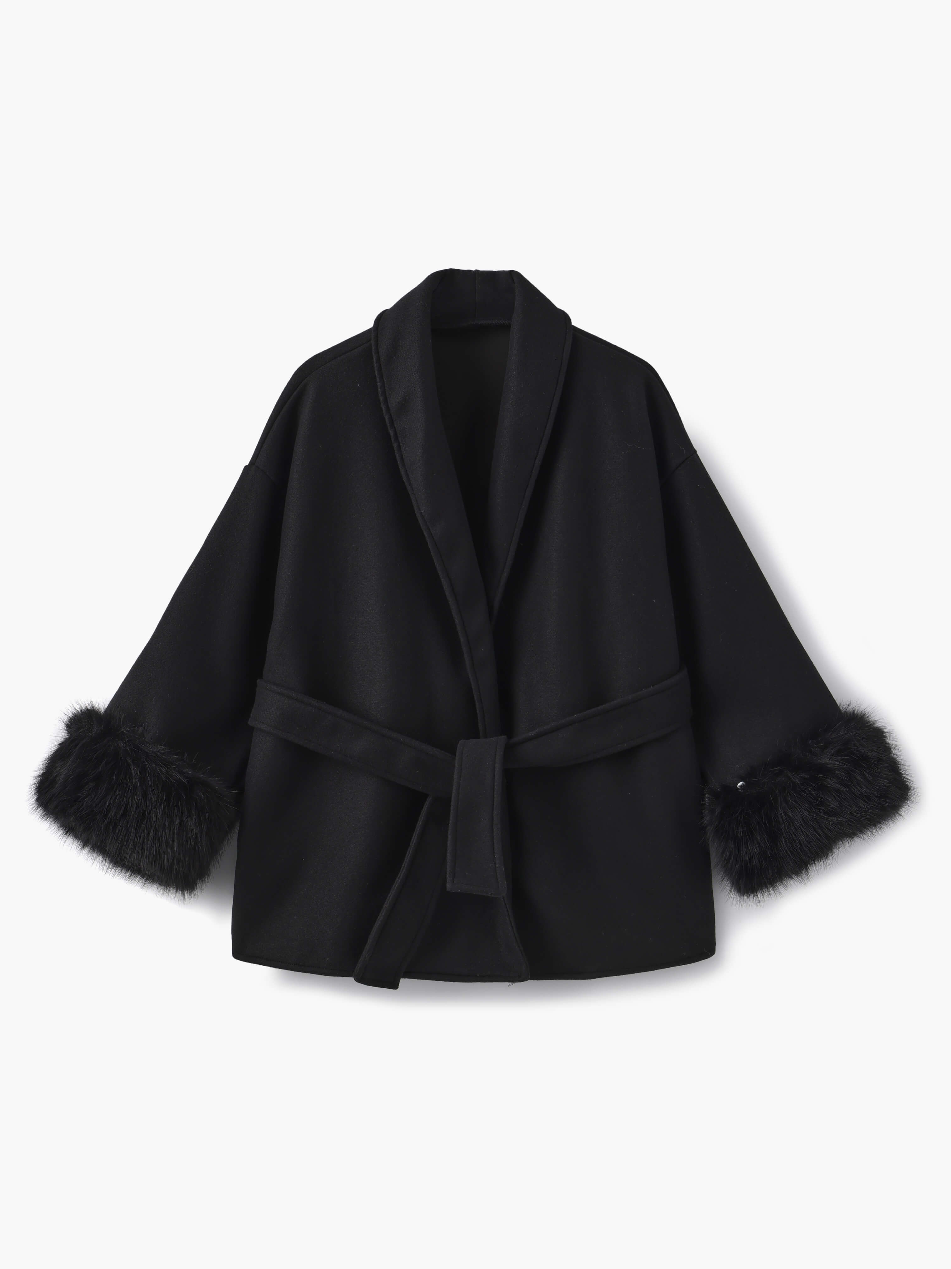Belted Wool-Blend Coat with Faux Fur Cuffs – Women’s Elegant Outerwear