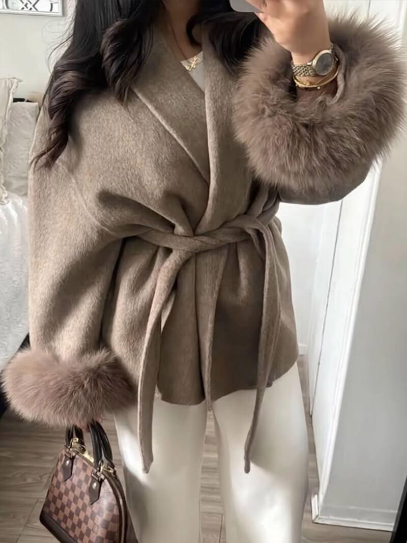 Belted Wool-Blend Coat with Faux Fur Cuffs – Women’s Elegant Outerwear