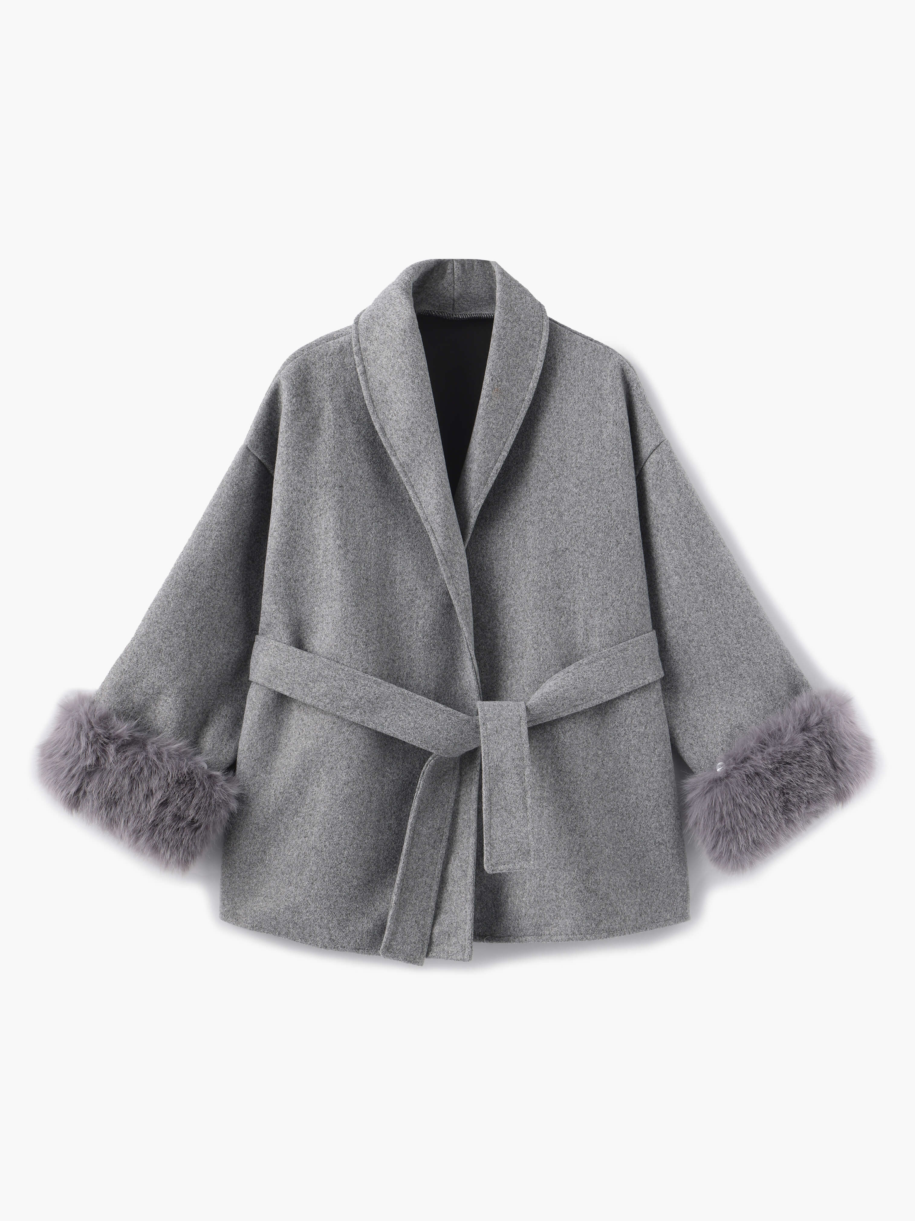 Belted Wool-Blend Coat with Faux Fur Cuffs – Women’s Elegant Outerwear