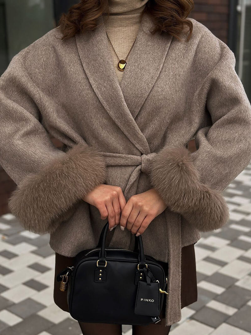 Belted Wool-Blend Coat with Faux Fur Cuffs – Women’s Elegant Outerwear