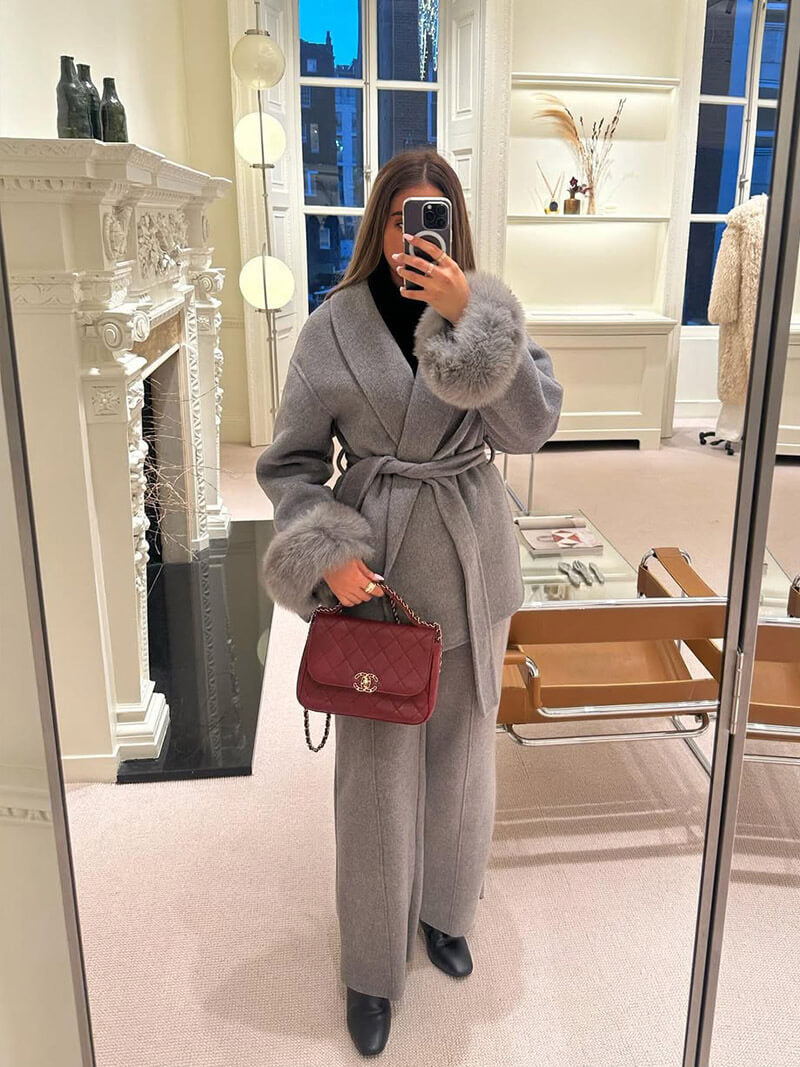 Belted Wool-Blend Coat with Faux Fur Cuffs – Women’s Elegant Outerwear