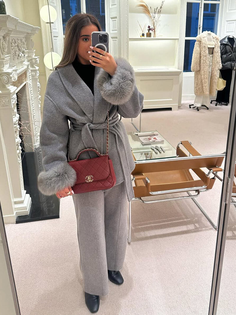 Belted Wool-Blend Coat with Faux Fur Cuffs – Women’s Elegant Outerwear