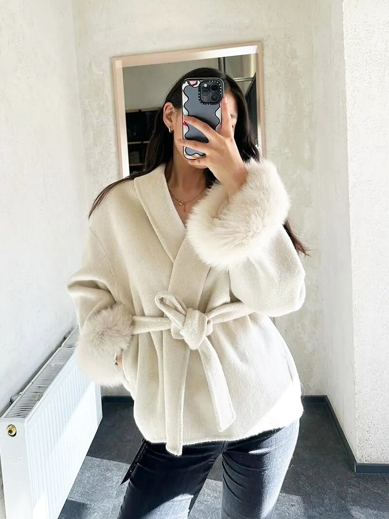 Belted Wool-Blend Coat with Faux Fur Cuffs – Women’s Elegant Outerwear