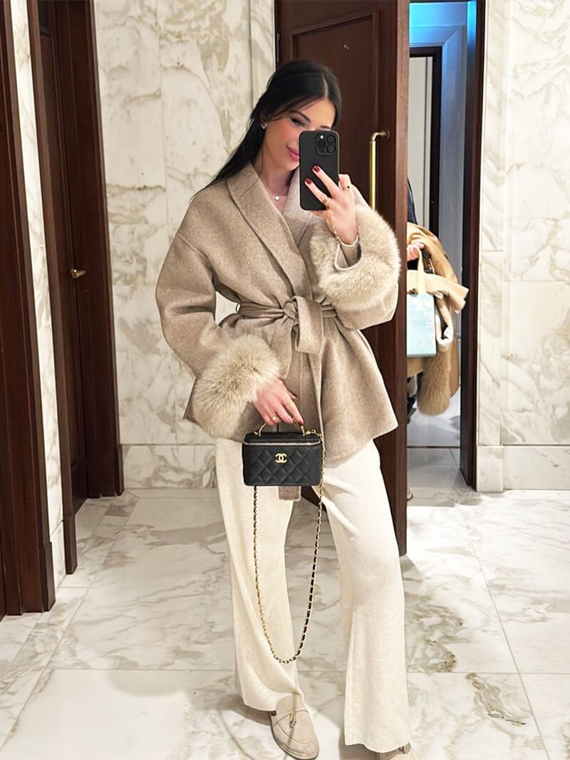 Belted Wool-Blend Coat with Faux Fur Cuffs – Women’s Elegant Outerwear
