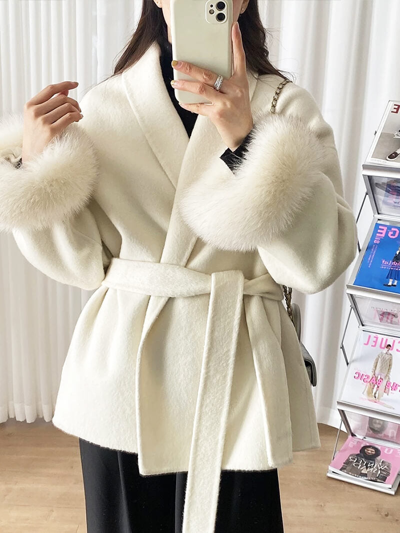 Belted Wool-Blend Coat with Faux Fur Cuffs – Women’s Elegant Outerwear