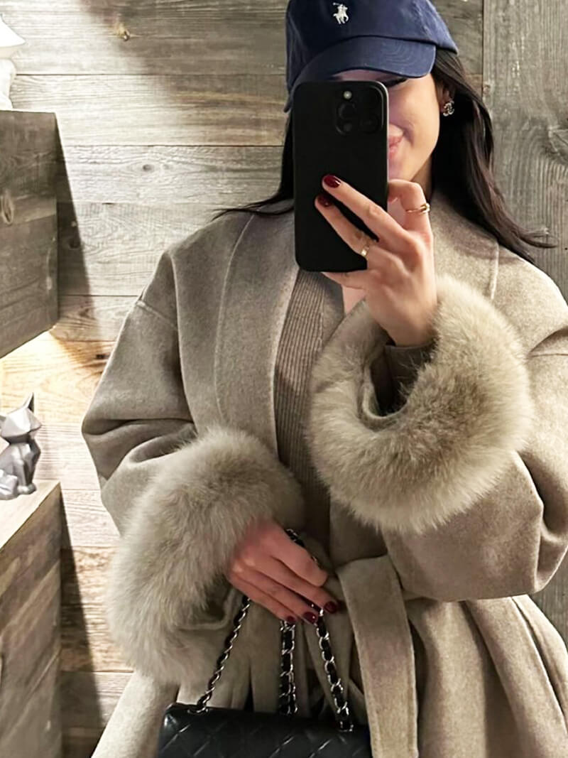 Belted Wool-Blend Coat with Faux Fur Cuffs – Women’s Elegant Outerwear