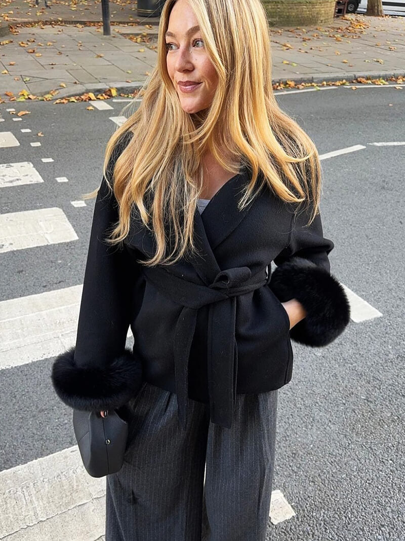 Belted Wool-Blend Coat with Faux Fur Cuffs – Women’s Elegant Outerwear
