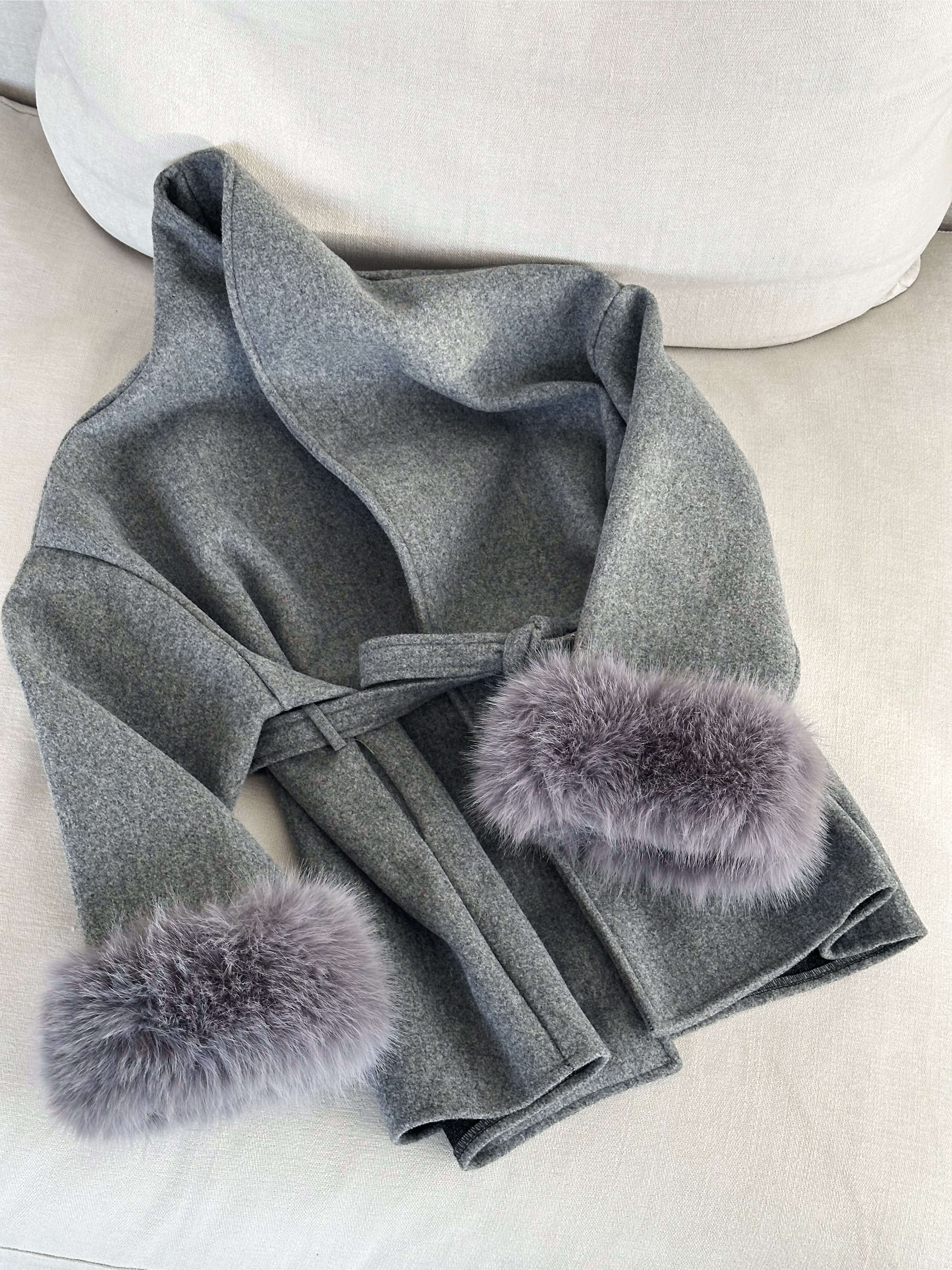 Belted Wool-Blend Coat with Faux Fur Cuffs – Women’s Elegant Outerwear