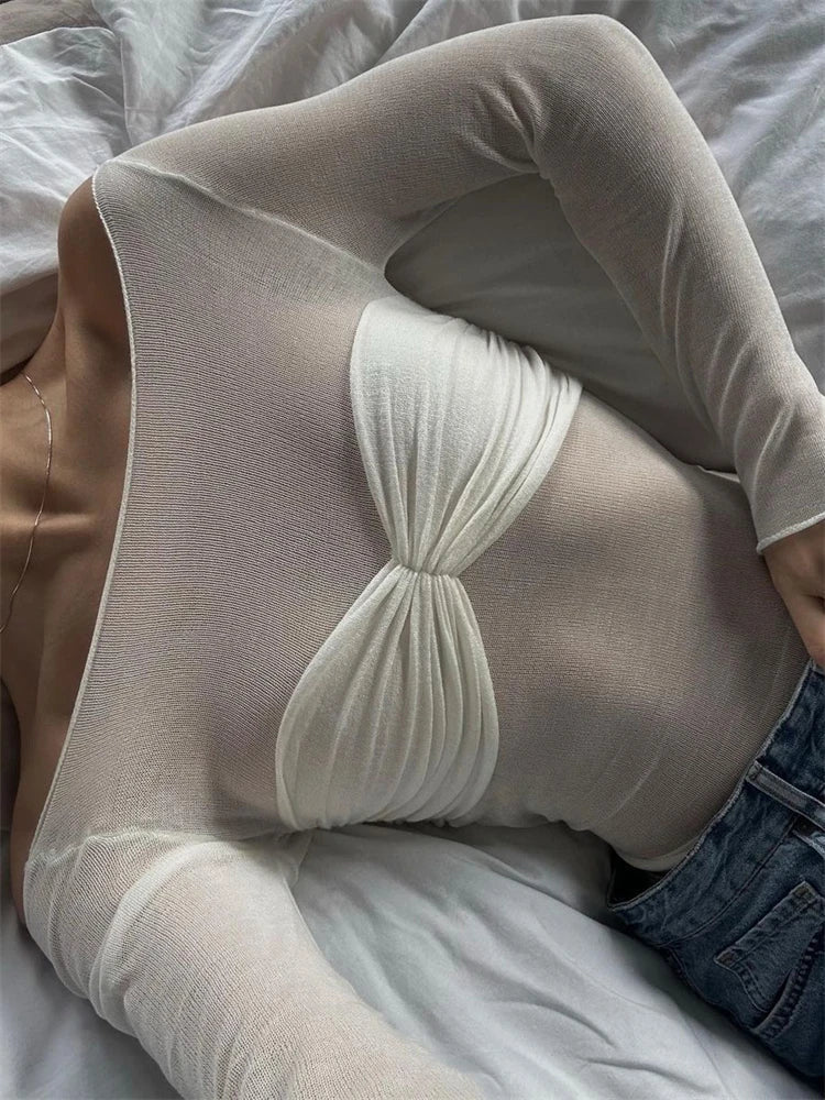 Off-Shoulder Ruched Mesh Crop Top for Women – Elegant Partywear