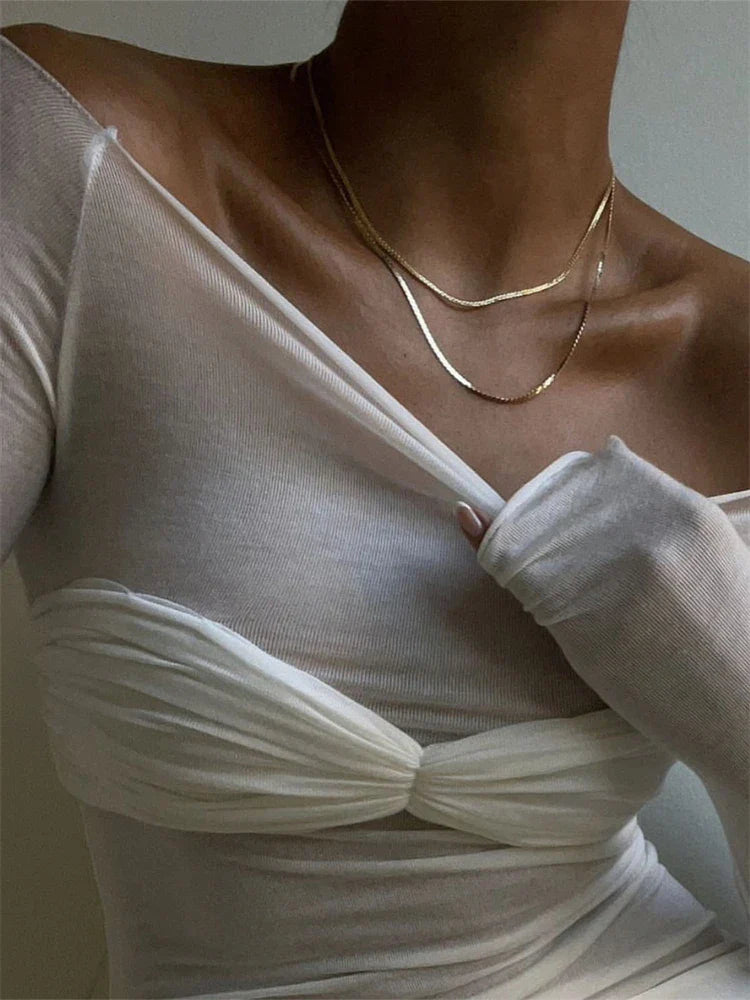 Off-Shoulder Ruched Mesh Crop Top for Women – Elegant Partywear