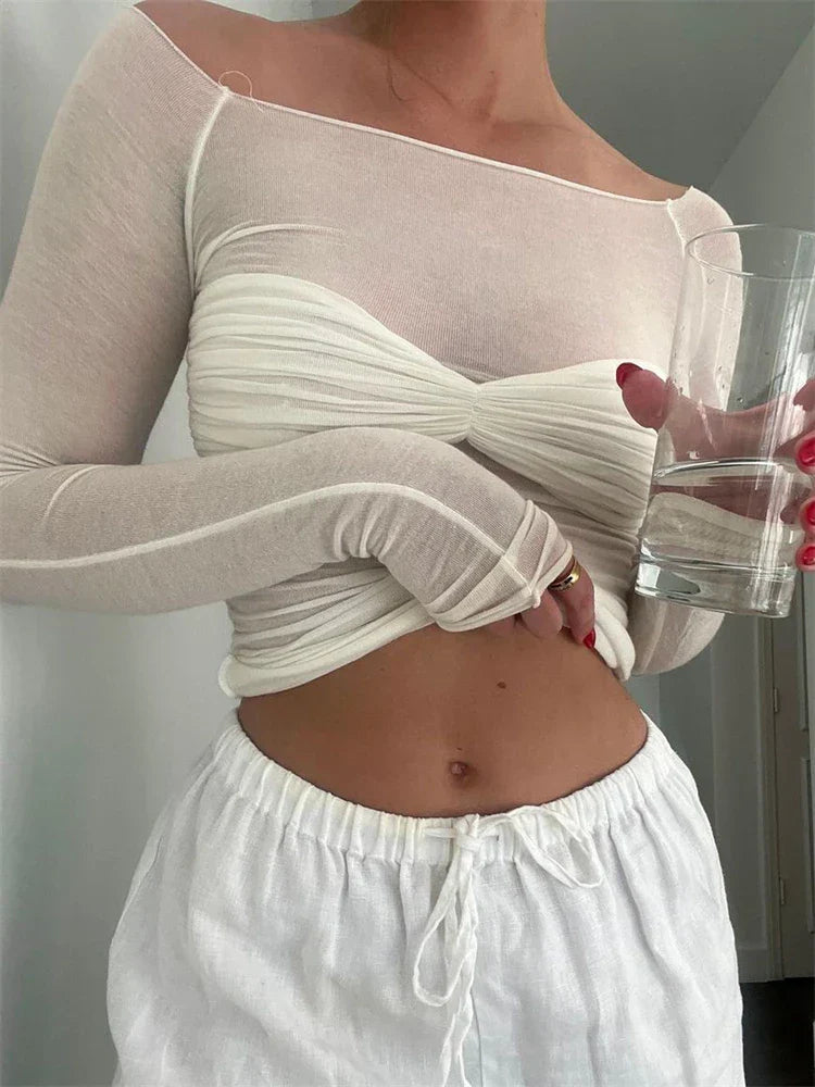Off-Shoulder Ruched Mesh Crop Top for Women – Elegant Partywear
