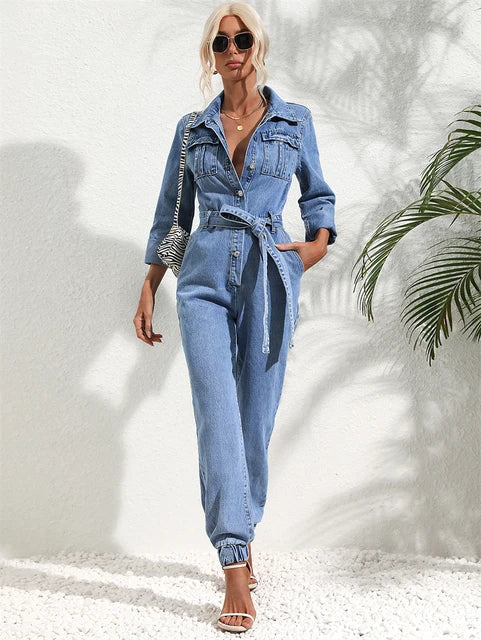 Denim Belted Jumpsuit – Casual Chic One-Piece Outfit