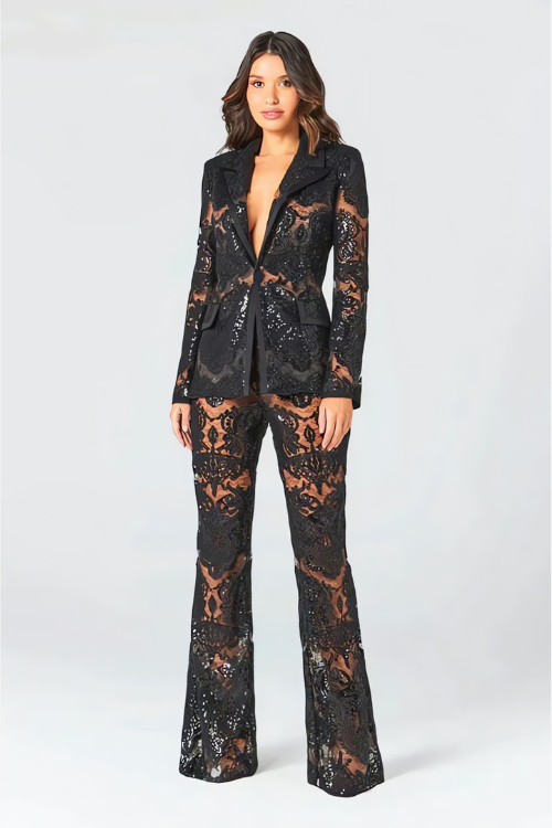 Black Lace Sequin Blazer and Pants Set – Women’s Evening Partywear