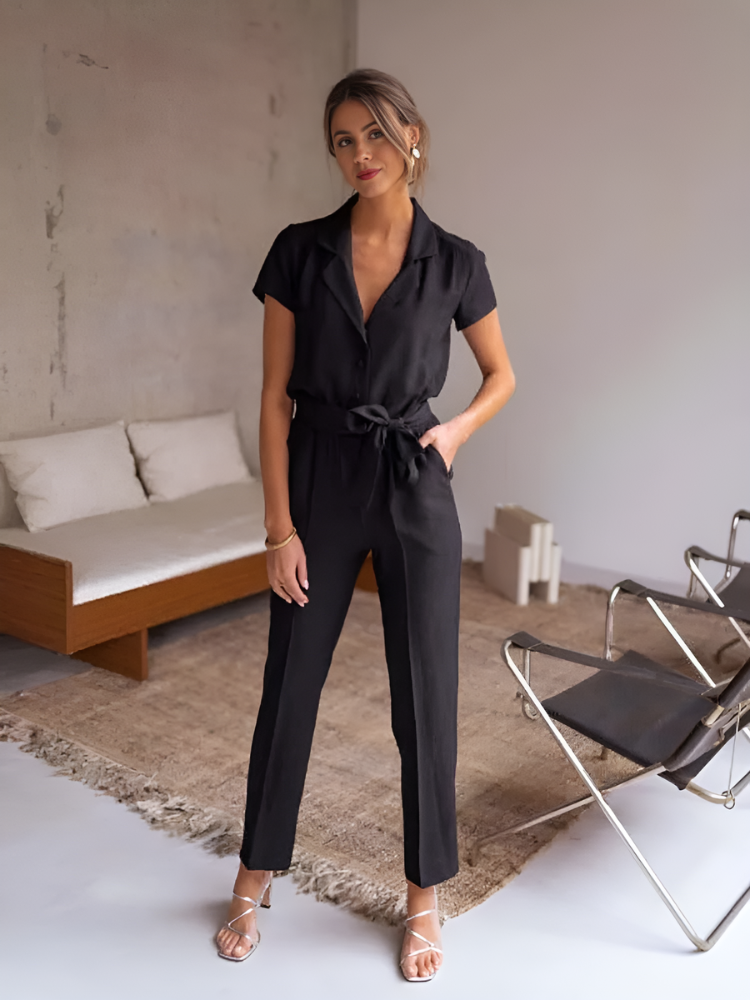 Short-Sleeve Belted Jumpsuit – Casual to Elegant One-Piece