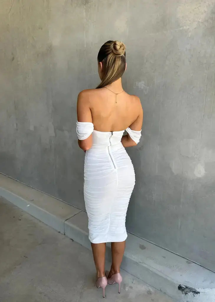 Off-Shoulder Ruched Bodycon Midi Dress – Elegant Evening Wear