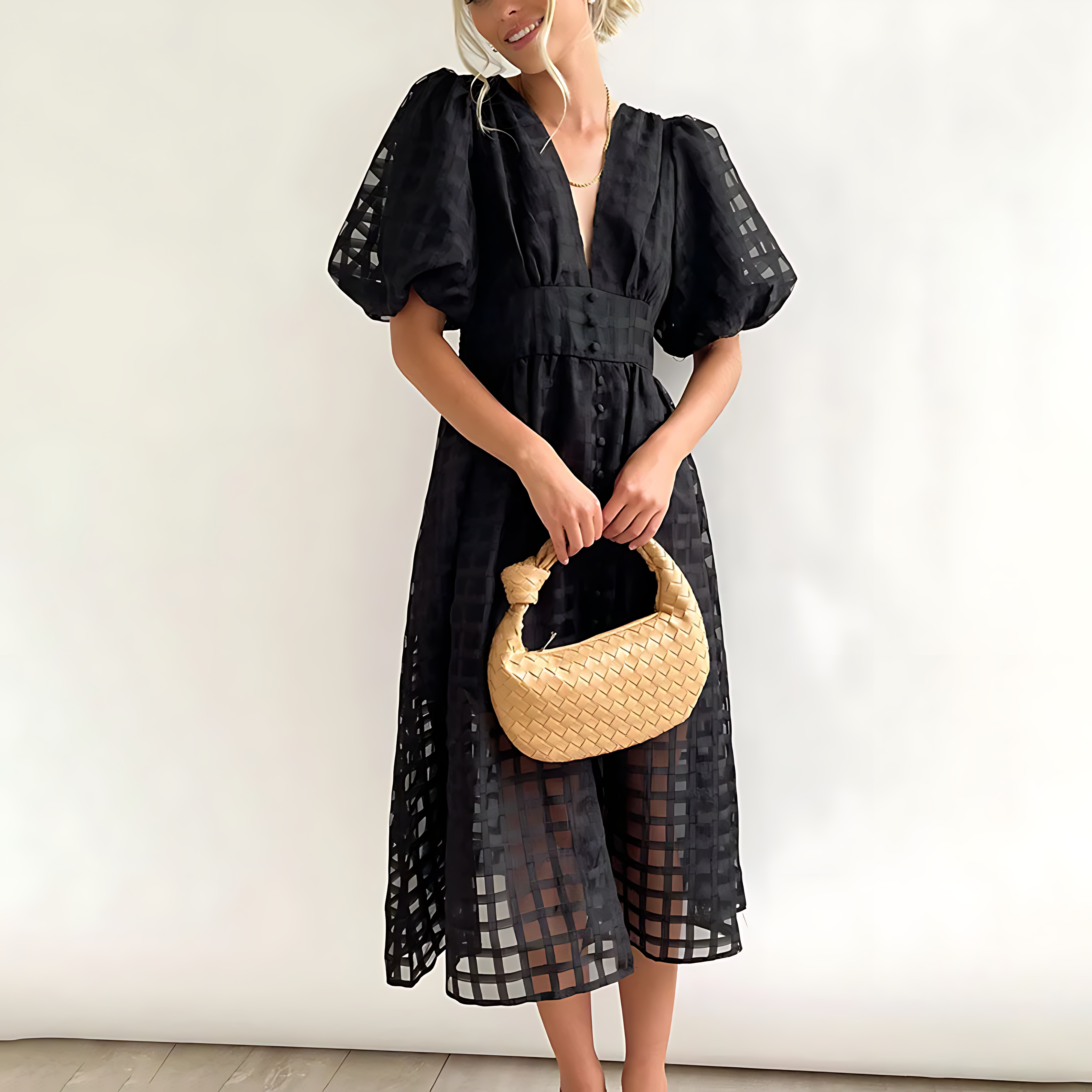 Checkered Puff Sleeve Midi Dress – Elegant Semi-Sheer Occasion Wear