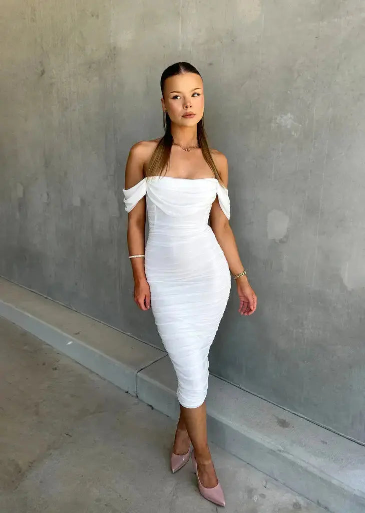 Off-Shoulder Ruched Bodycon Midi Dress – Elegant Evening Wear