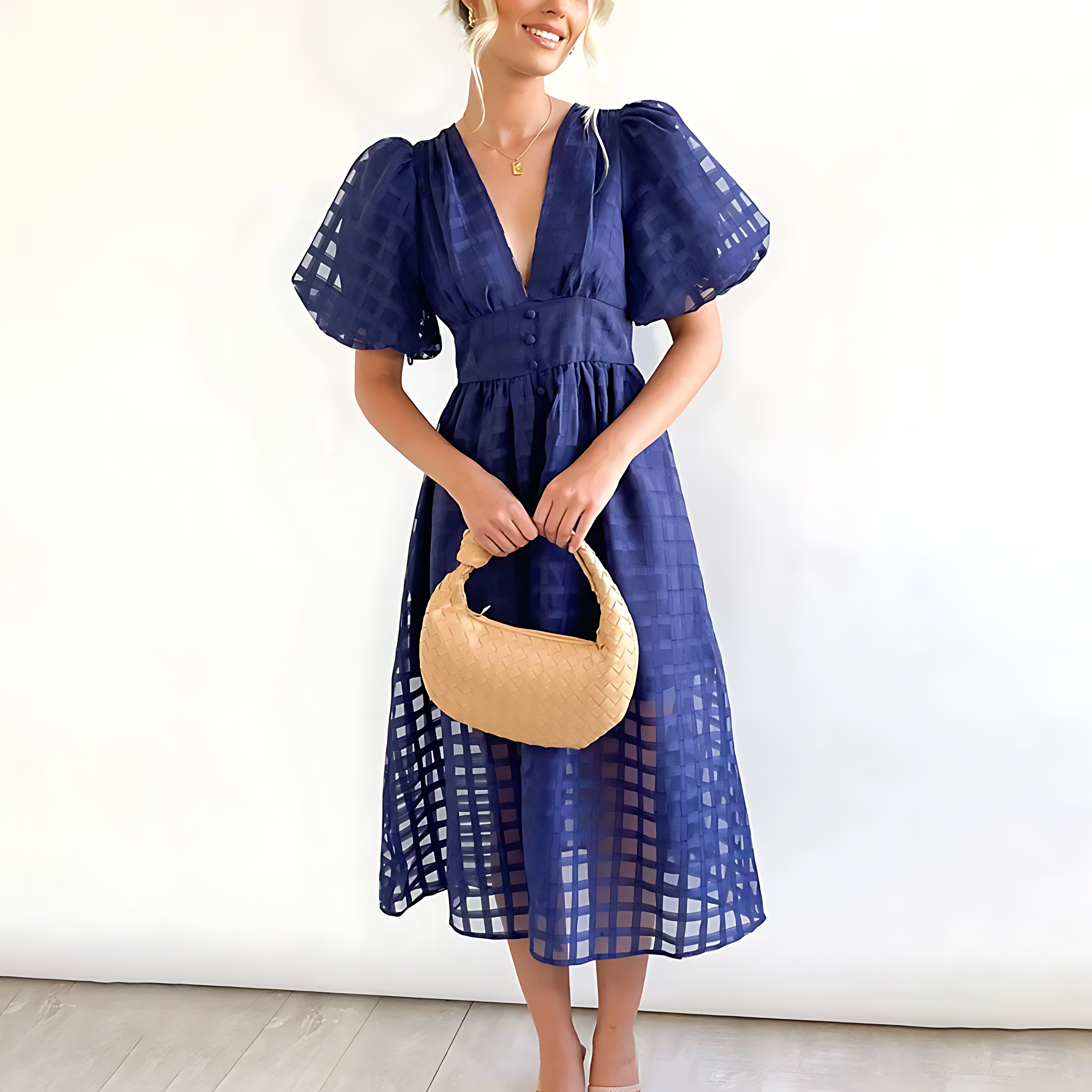 Checkered Puff Sleeve Midi Dress – Elegant Semi-Sheer Occasion Wear