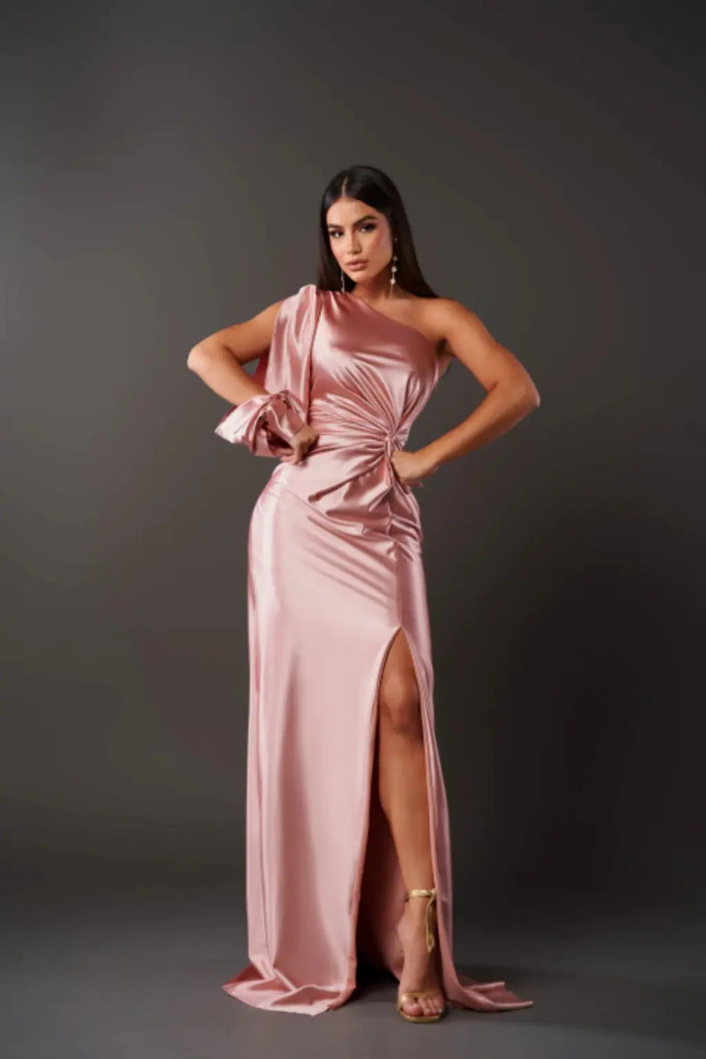 One-Shoulder Satin Slit Maxi Dress – Elegant Evening Gown