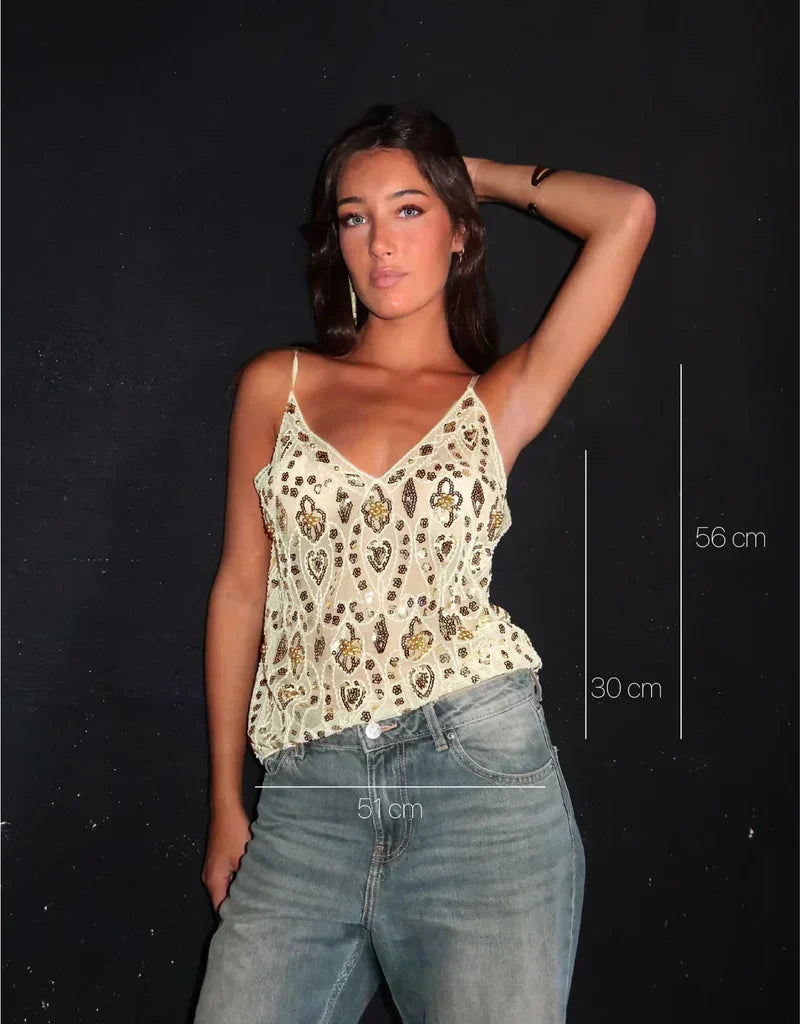 Black Sheer Embellished Sequin Cami Top – Women’s Partywear Blouse