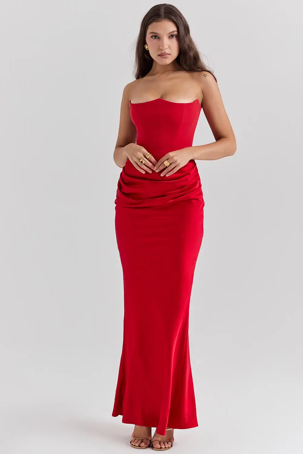 Strapless Satin Draped Maxi Dress – Elegant Evening Gown