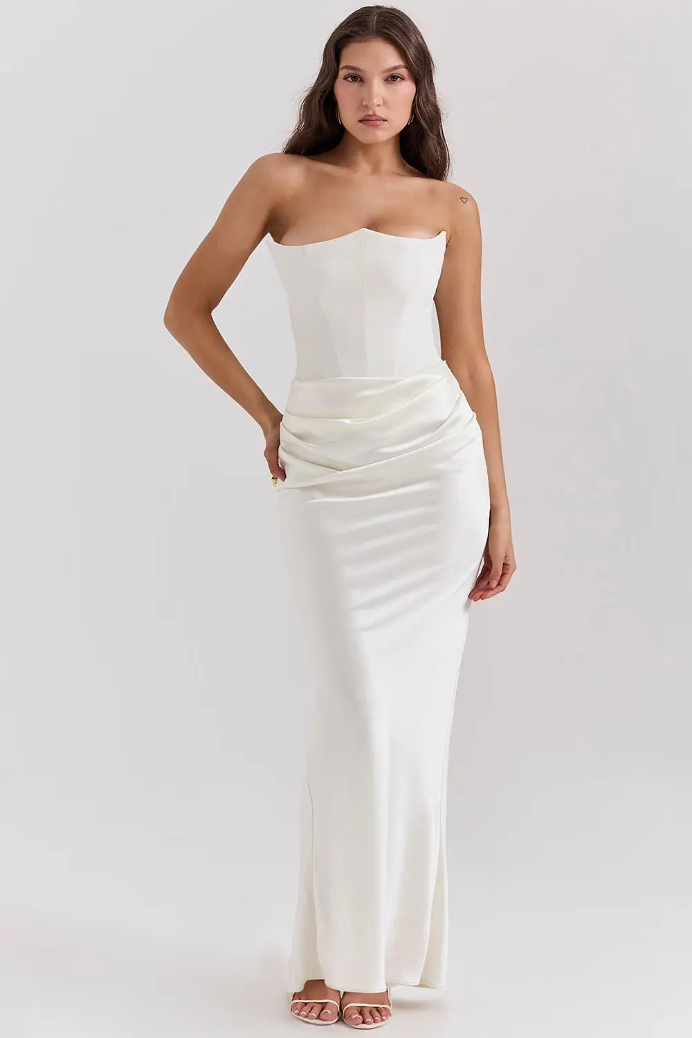Strapless Satin Draped Maxi Dress – Elegant Evening Gown