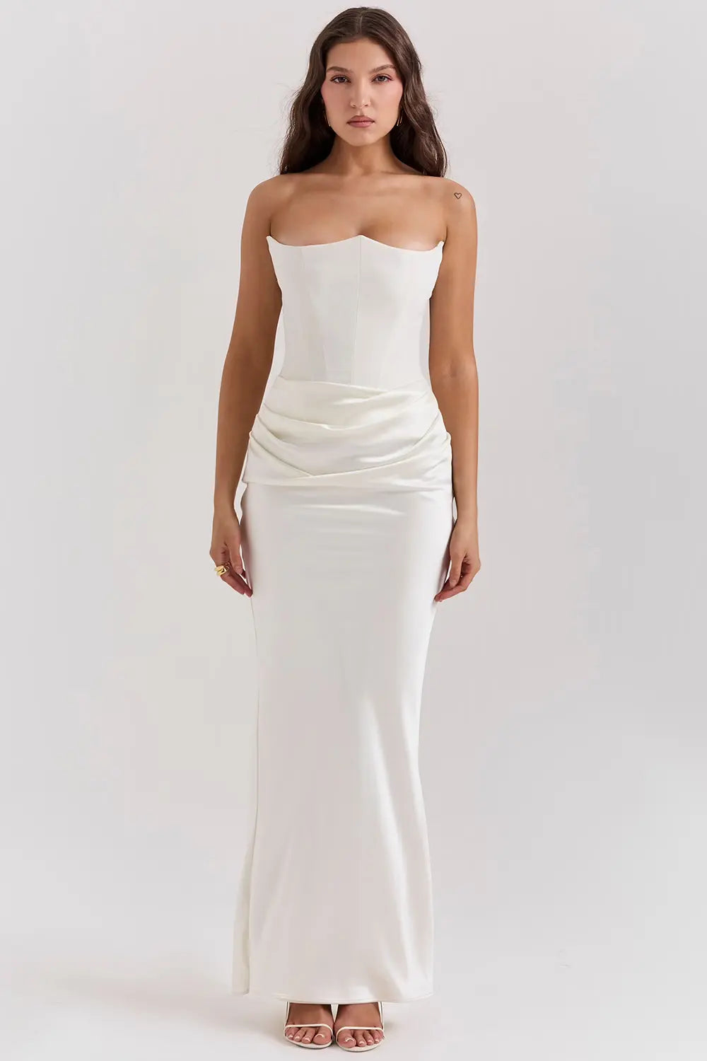 Strapless Satin Draped Maxi Dress – Elegant Evening Gown