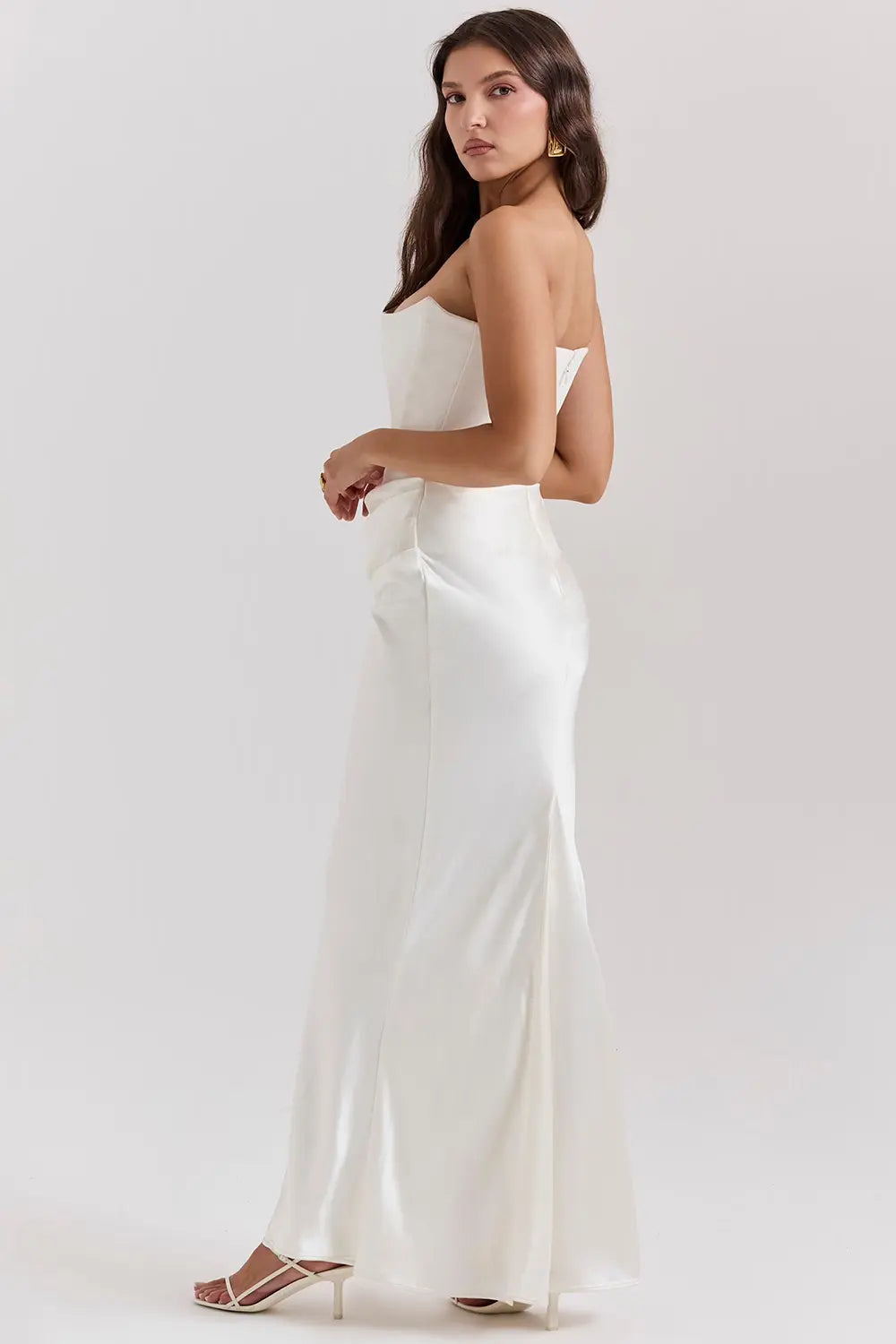 Strapless Satin Draped Maxi Dress – Elegant Evening Gown