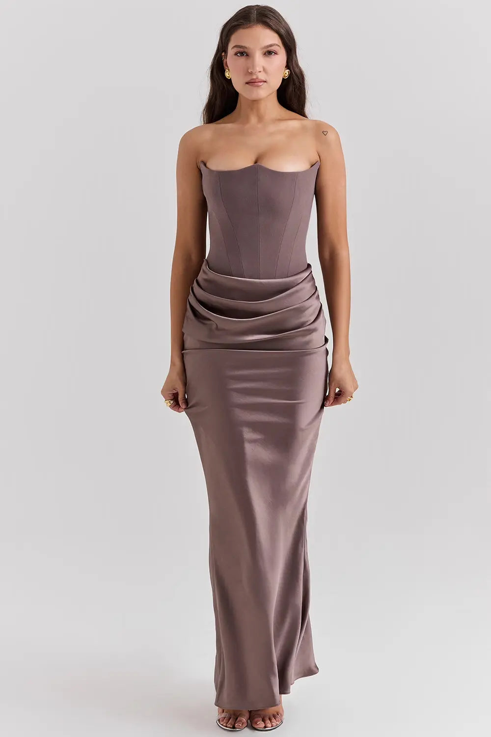Strapless Satin Draped Maxi Dress – Elegant Evening Gown
