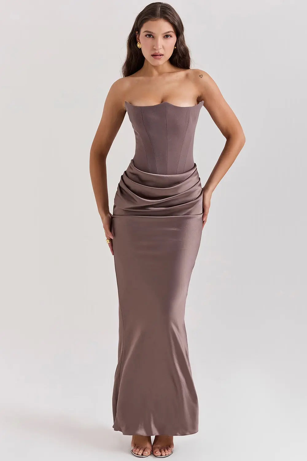 Strapless Satin Draped Maxi Dress – Elegant Evening Gown
