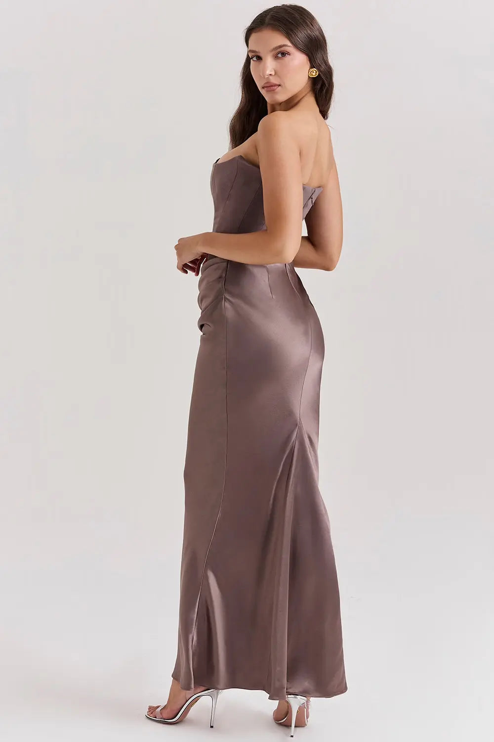 Strapless Satin Draped Maxi Dress – Elegant Evening Gown